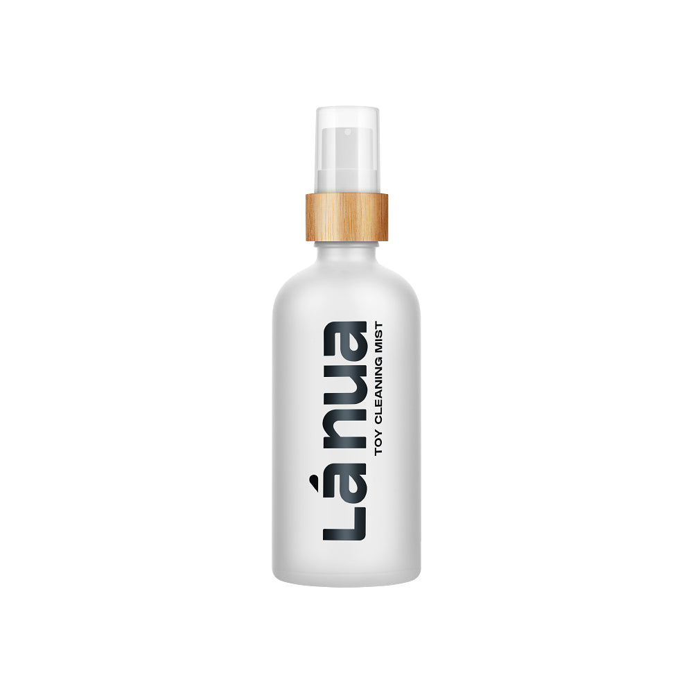 La Nua Fragrance-Free Mist Toy Cleaner 3.4 Oz bottle with a bamboo cap for easy cleaning of intimate accessories.