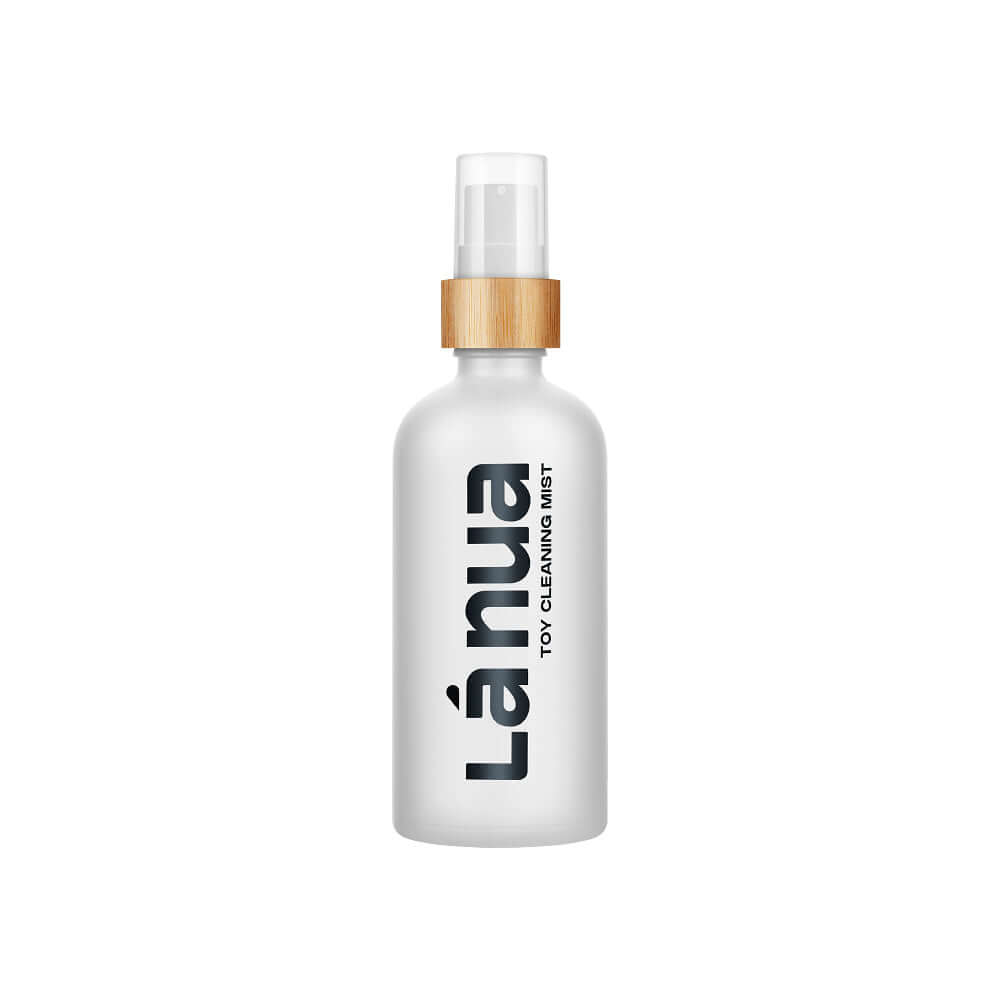 La Nua Fragrance-Free Mist Toy Cleaner 3.4 Oz bottle with a bamboo cap for easy cleaning of intimate accessories.