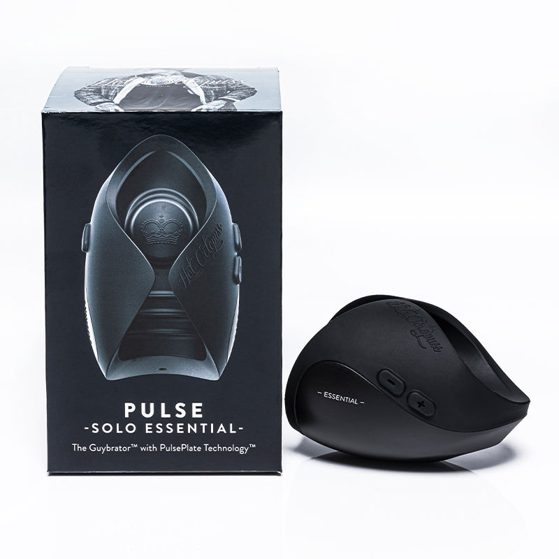 Hot Octopuss Pulse Solo Vibrating Stroker Black with box showcasing its features and design.