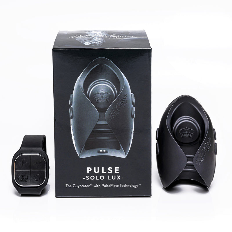 Hot Octopuss Pulse Solo Lux Remote Controlled Stroker Black with wrist-strap remote and packaging.