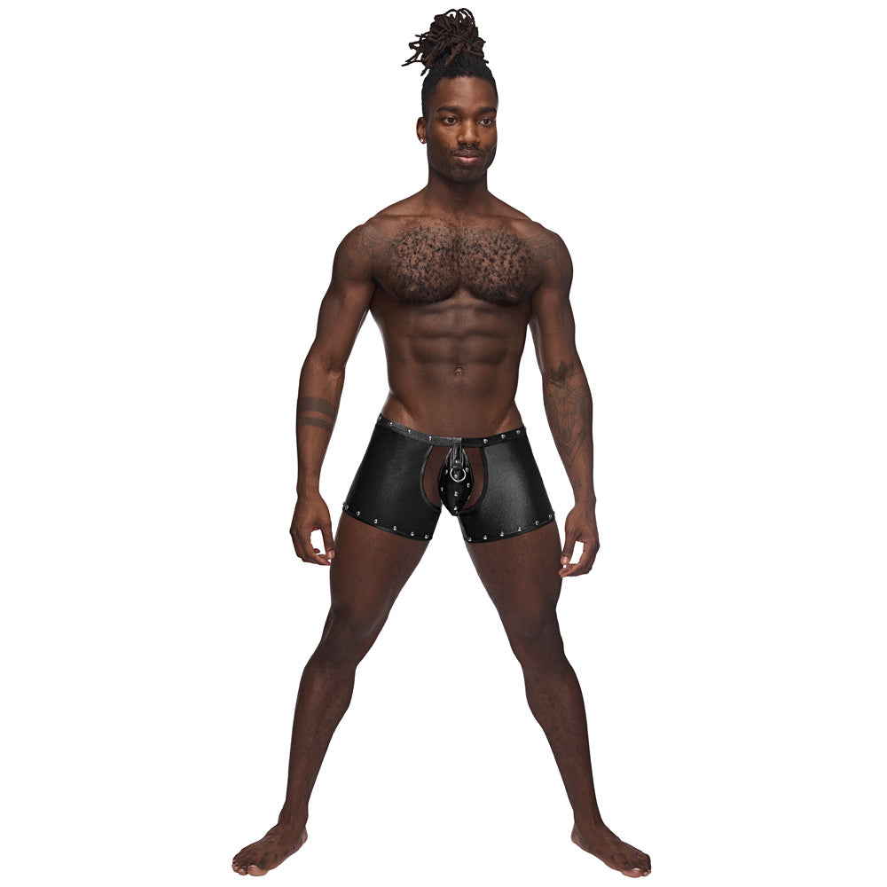 Male Power Poseidon Studded Chaps Black S M worn by a model showcasing bold, fetish style with decorative studs.