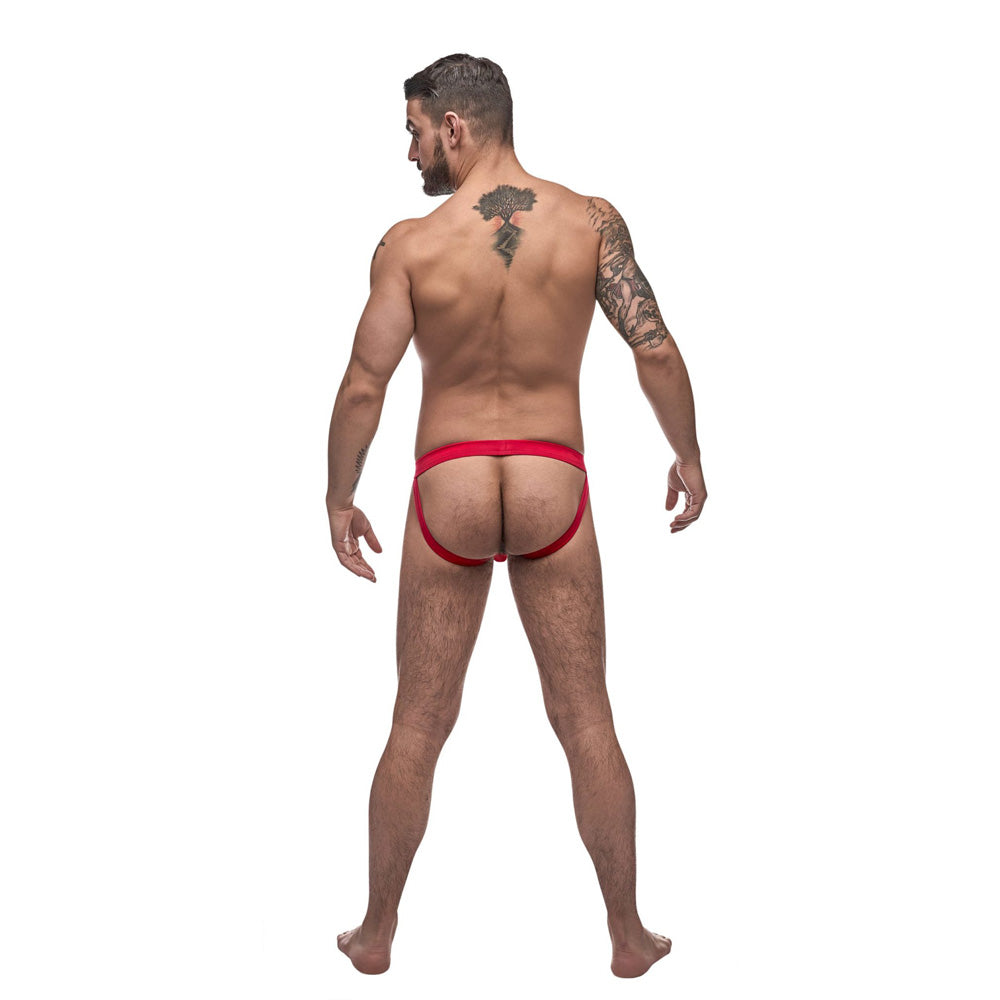 Male Power Pure Comfort Modal Sport Jock Red L XL worn by a man with a tattoo, showcasing a sleek athletic silhouette.