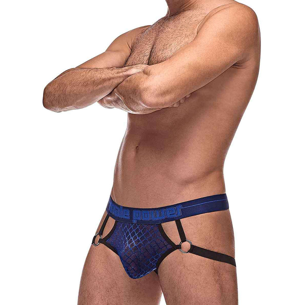 Male Power Diamond Mesh Jock Ring Navy L XL worn by a model, showcasing a stylish mesh design with a snug fit.