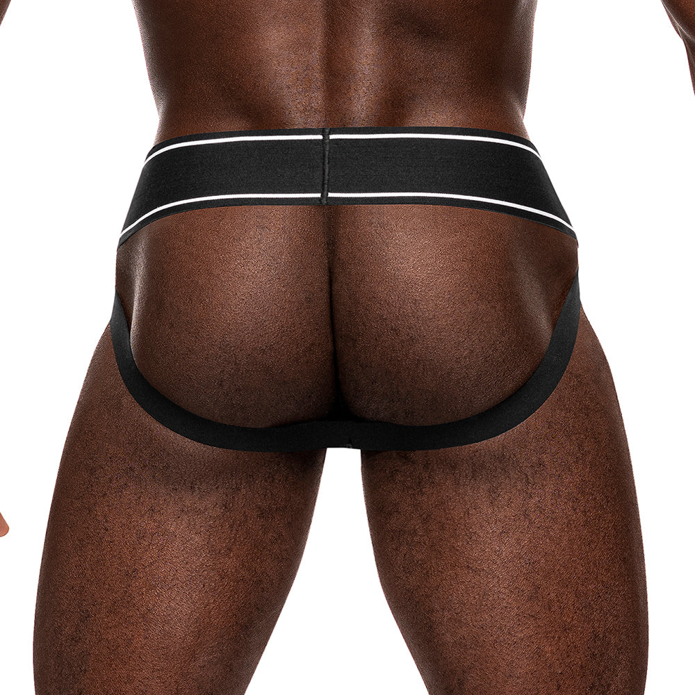 Male Power Modal Rib Jockstrap White L XL worn from the back, showcasing the design and fit.