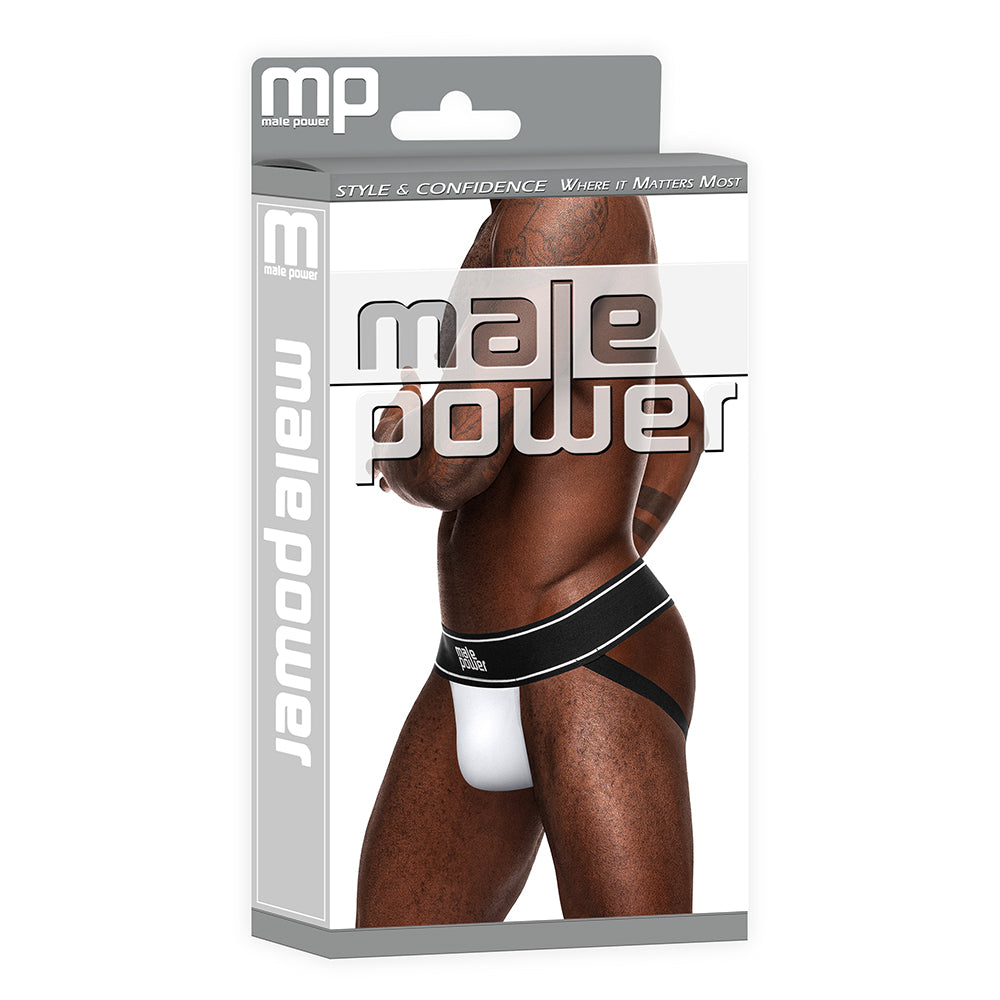 Male Power Modal Rib Jockstrap White L XL packaging featuring a male model showcasing style and comfort.
