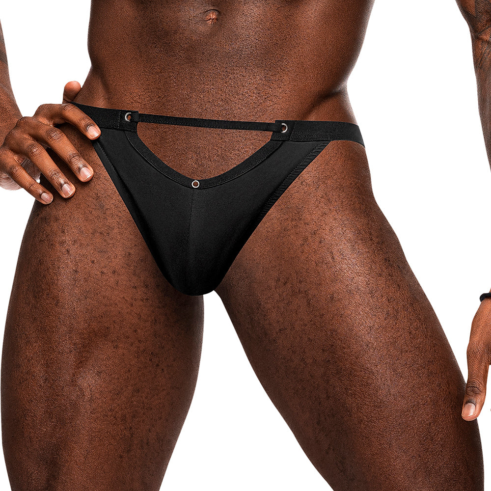 Male Power Magnificence Jock Black S/M showcasing a sculpted design with decorative grommets, perfect for confidence and comfort.