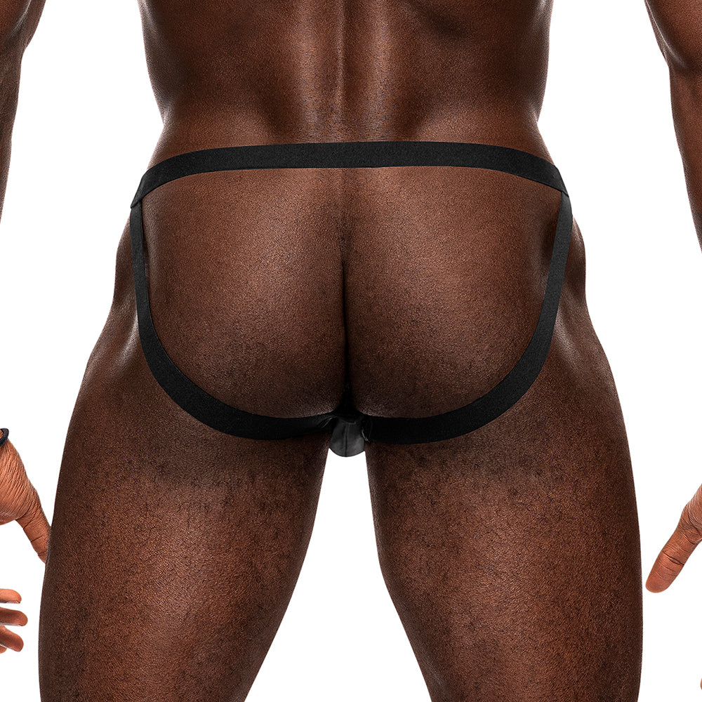 Male Power Magnificence Jock Black S/M showcasing sculpted design and comfort from the back view.
