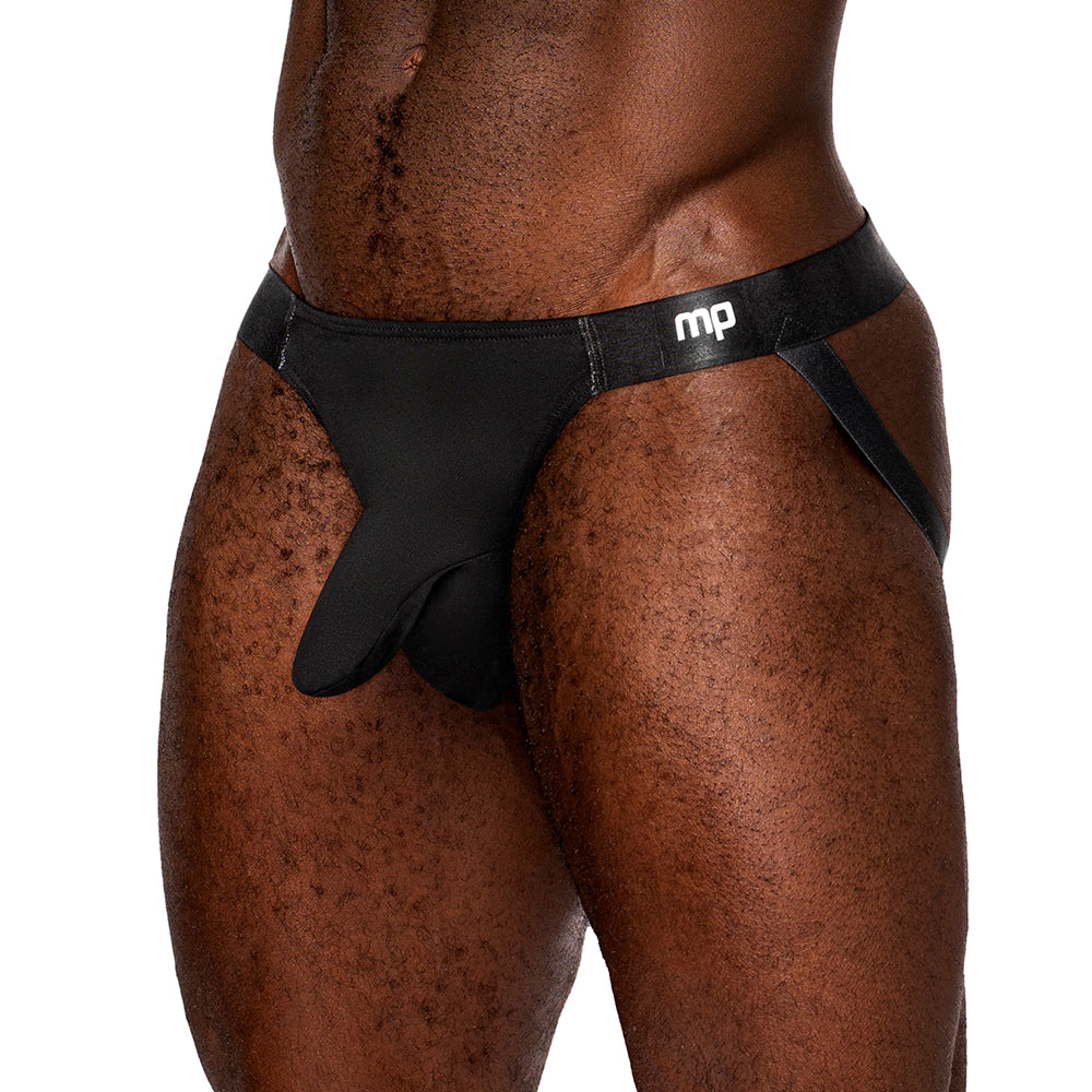 Male Power Easy Breezy Jock Sleeve Black S M showcasing a low cut waist and sleeved pouch.