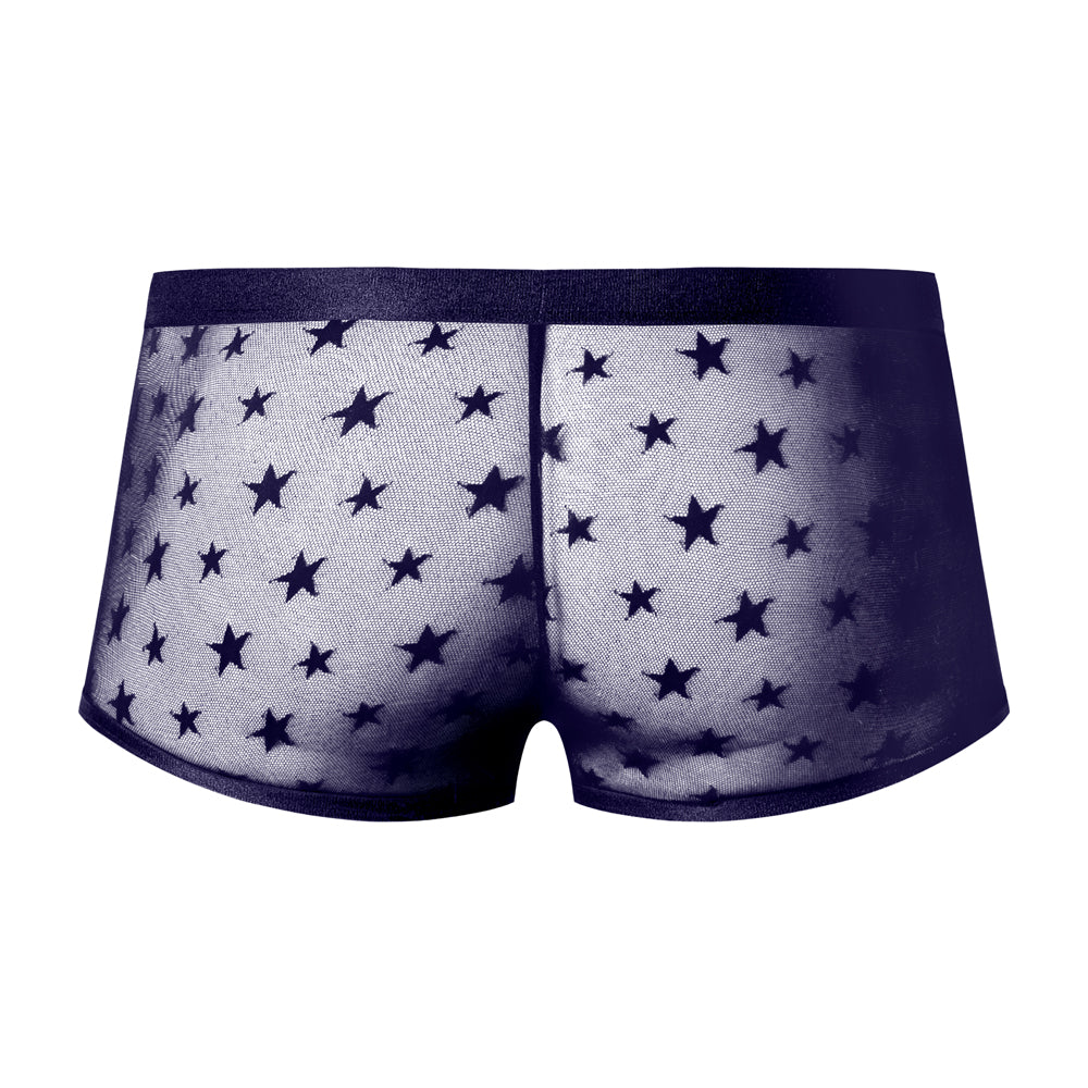 Male Power Love Star Short with Ring Purple Small, featuring a star pattern and sheer material for a bold look.