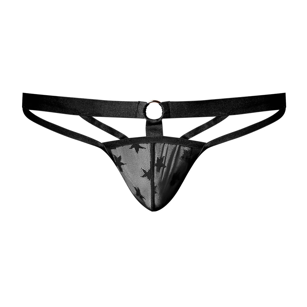 Male Power Love Star Thong with Ring Black L XL showcasing low-cut design and star pattern, perfect for bold style.