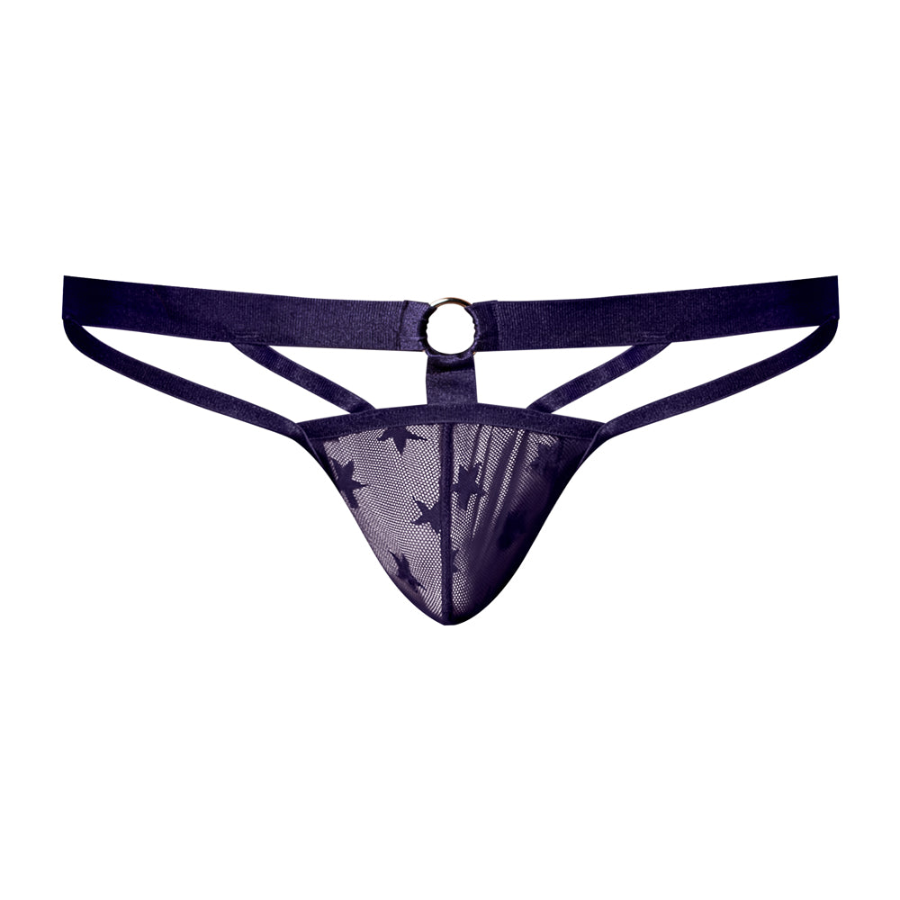 Male Power Love Star Thong with Ring Purple L/XL featuring a polished metal ring and sheer fabric with star pattern.