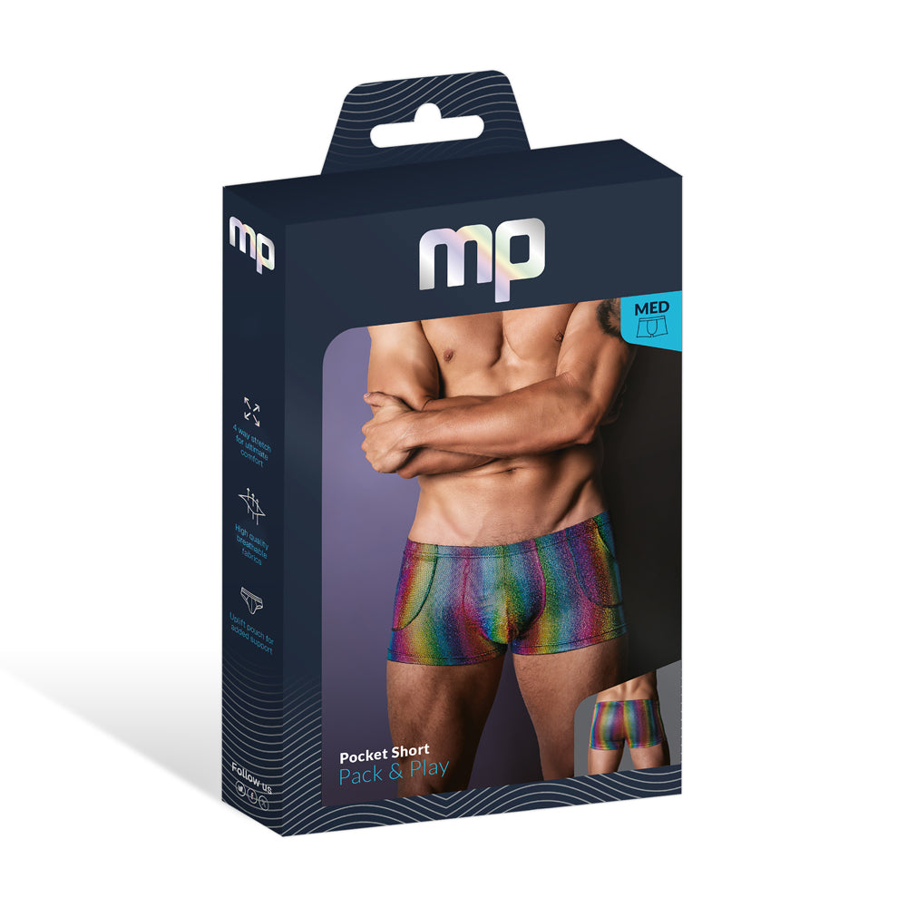 Male Power Pack & Play Pocket Short Rainbow Small packaging showcasing colorful men's underwear design.