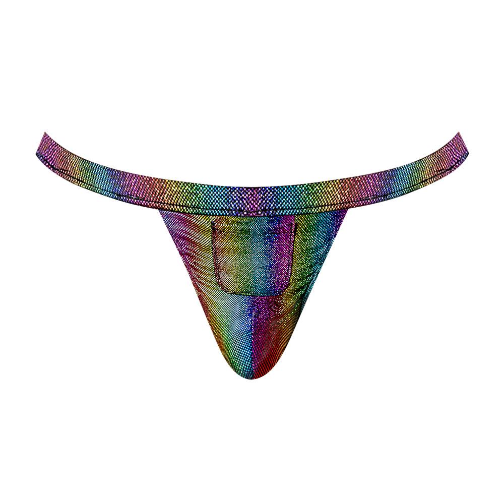Male Power Pack & Play Jock Condom Pouch Rainbow S M in bold rainbow colors for confident style and comfort.