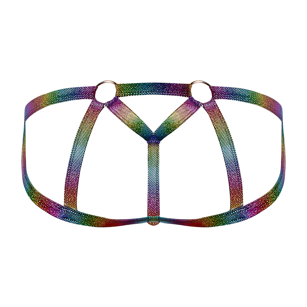 Male Power Pack & Play Jock Condom Pouch Rainbow S M colorful jock strap with rings and mesh design.