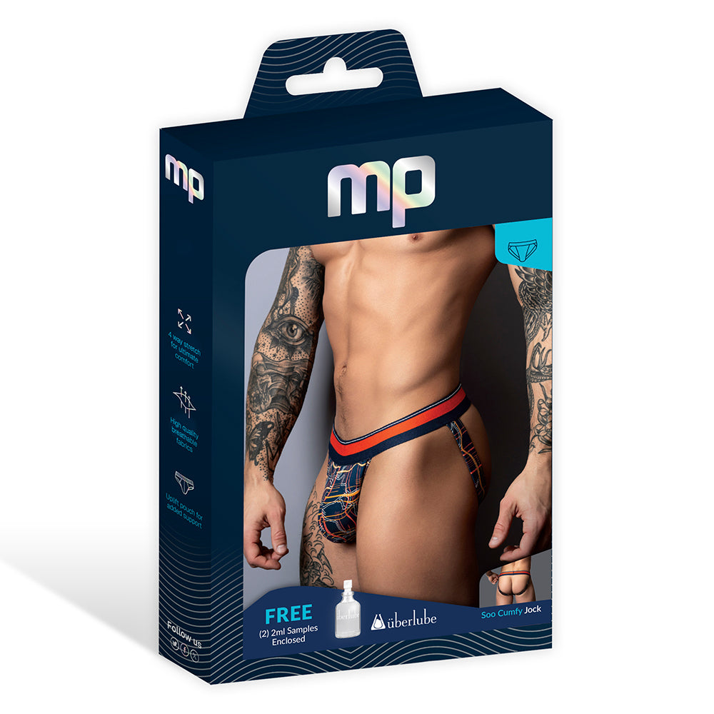 Male Power Soo Cumfy Thong Navy Orange L XL packaging featuring model with tattoos and bold design.