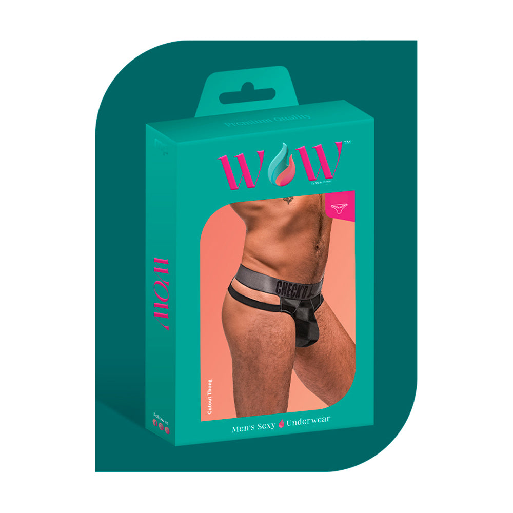 Male Power WOW Cutout Thong Black L/XL packaging featuring a cheeky design and bold branding.