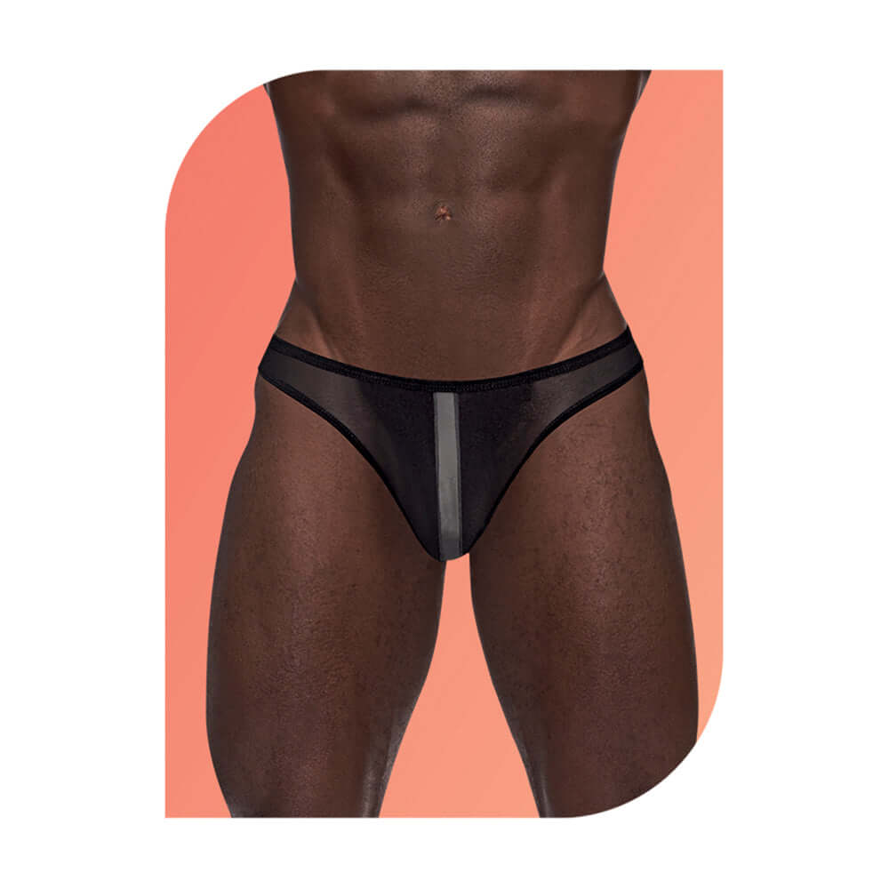 Male Power Wow Landing Strip Bikini Black Small displayed on a male model against a colorful background.