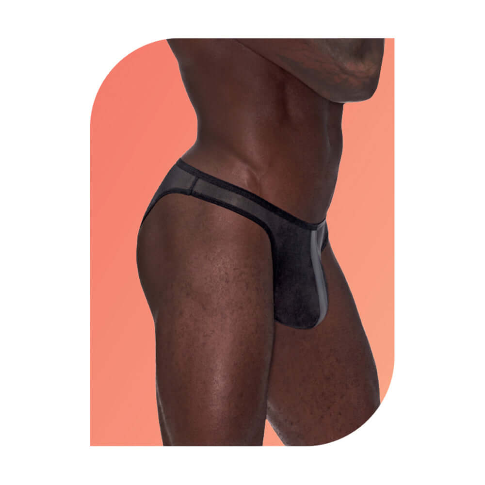 Male Power Wow Landing Strip Bikini Black Small showcased on a model, highlighting the stylish design and fit.