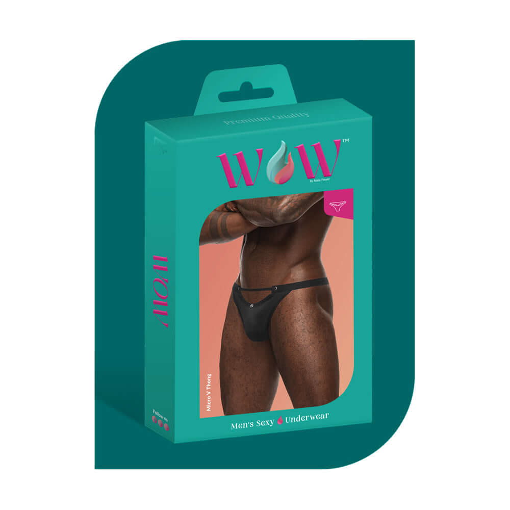 Male Power Wow Magnificence Micro V Black S M packaging showing men's sexy underwear with a modern design.