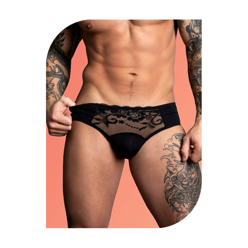 Wow Sassy Lace Bikini Black Small on a model showcasing its sexy lace detail and supportive fit.