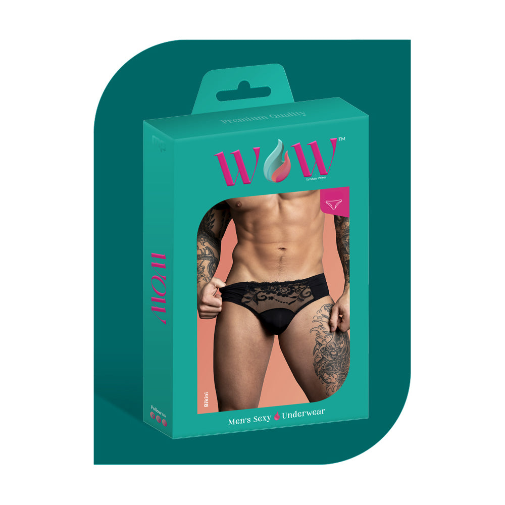 Wow Sassy Lace Bikini Black Small packaging featuring a masculine model in sexy lace men's underwear.