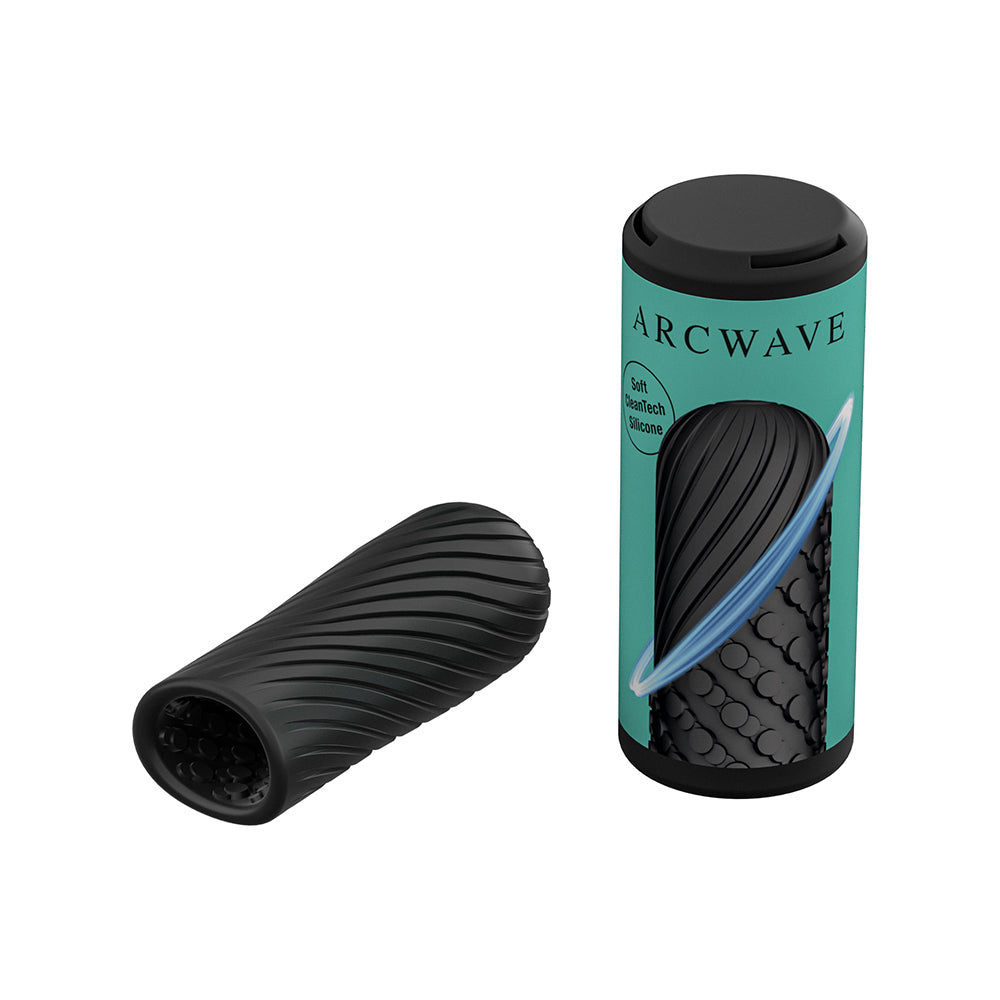Arcwave Ghost Reversible Silicone Stroker Black with packaging, showcasing soft CleanTech silicone texture.