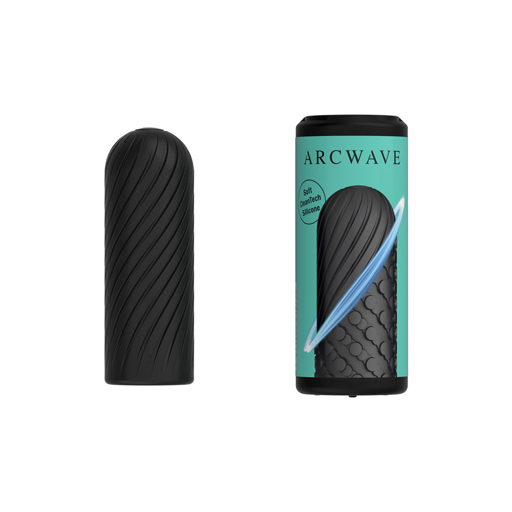 Arcwave Ghost Reversible Silicone Stroker Black shown from multiple angles with packaging.