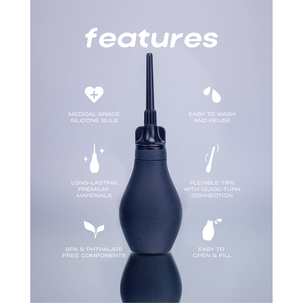 Du Douche Midnight features medical-grade silicone bulb, flexible tips, and easy-to-wash design for comfortable intimate hygiene.
