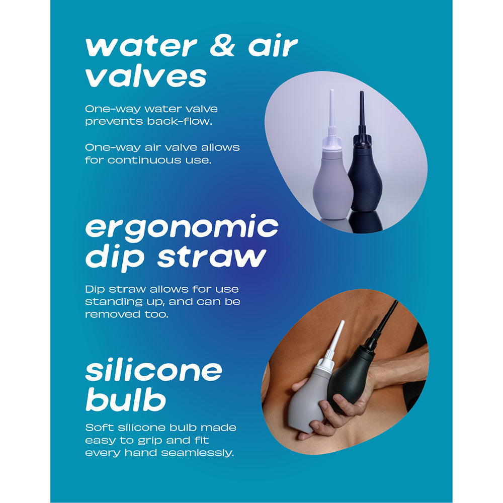 Du Douche Midnight features ergonomic dip straw, one-way water & air valves, and a soft silicone bulb for optimal hygiene.