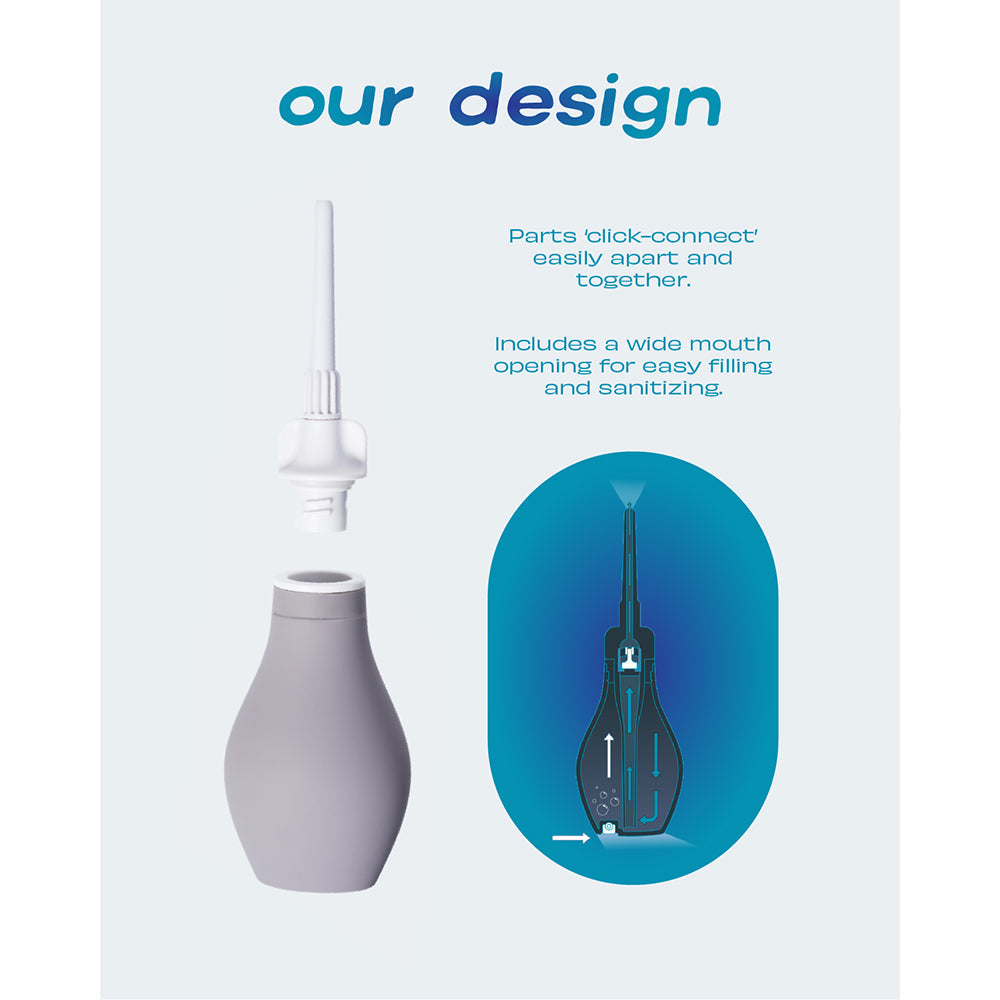 Du Douche Midnight parts design with easy click-connect feature and wide mouth opening for filling and sanitizing.