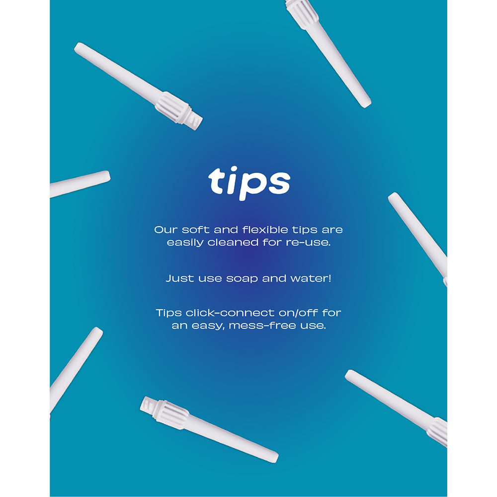 Du Douche Midnight tips for easy cleaning and click-connect functionality on a blue background.