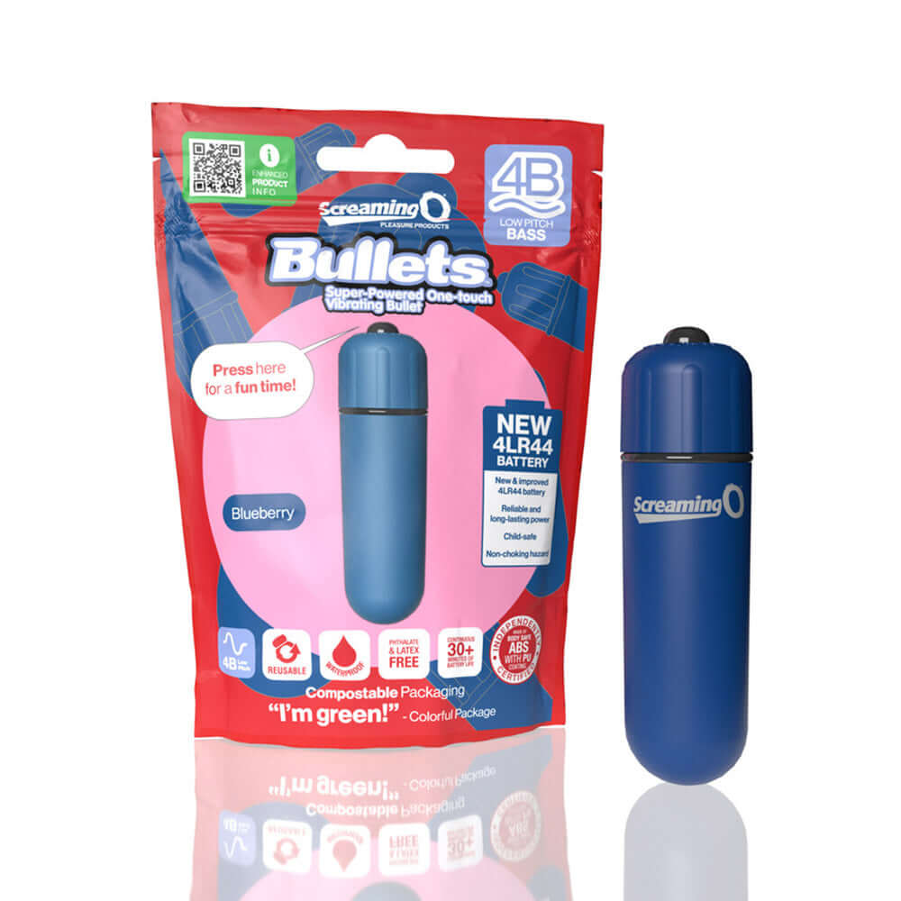 Screaming O 4B Bullet Vibrator Blueberry in packaging showcasing its compact design and powerful vibrations.