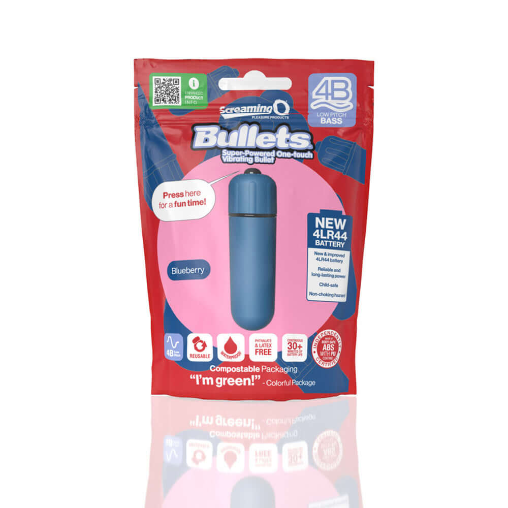 Screaming O 4B Bullet Vibrator Blueberry in colorful, compostable packaging with easy access and battery information.