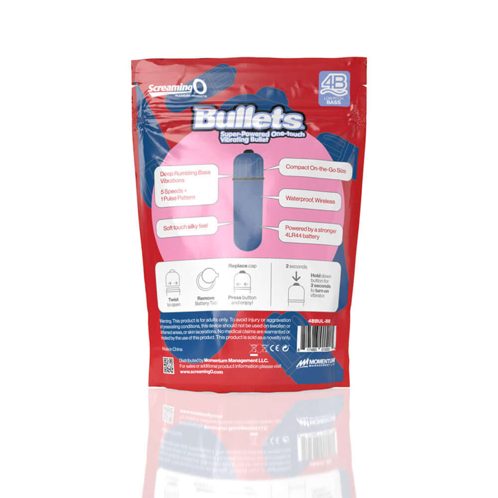Screaming O 4B Bullet Vibrator Blueberry packaging showcasing features and design.