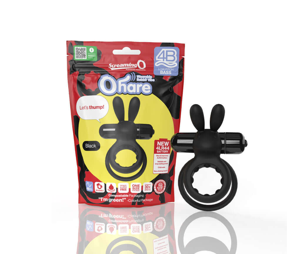 Screaming O 4B Ohare Vibrating Rabbit Double Cockring Black packaging with product displayed, featuring a rabbit design for added stimulation.