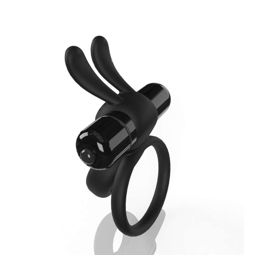 Screaming O 4B Ohare Vibrating Rabbit Double Cockring Black, black double cockring with rabbit ears for enhanced pleasure.