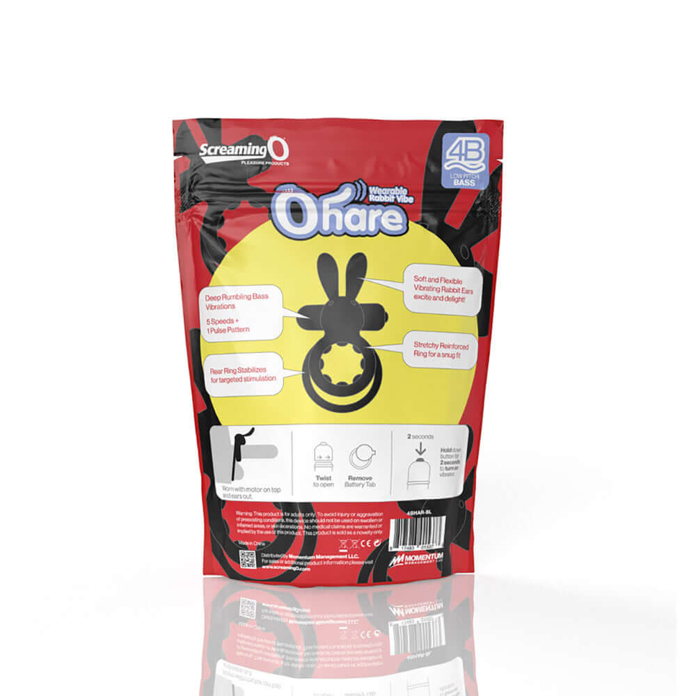 Screaming O 4B Ohare Vibrating Rabbit Double Cockring Black product packaging showing features and design.