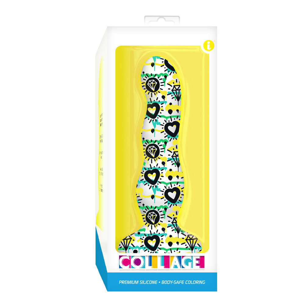 Diamonds And Hearts Curvy Silicone Dildo in vibrant packaging with tattoo-inspired art and bold colors.
