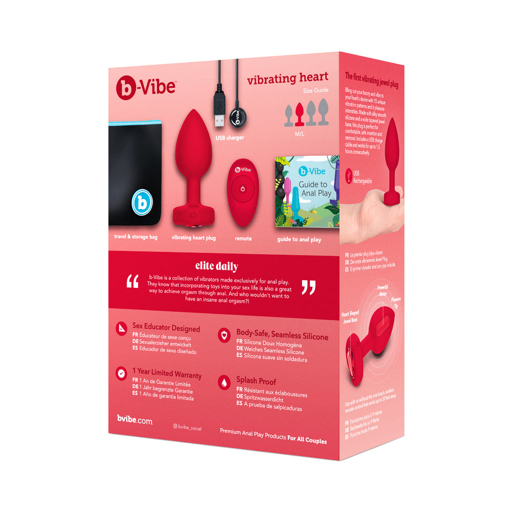 b-Vibe Vibrating Heart Anal Plug with Heart-Shaped Jewel Base M/L Red