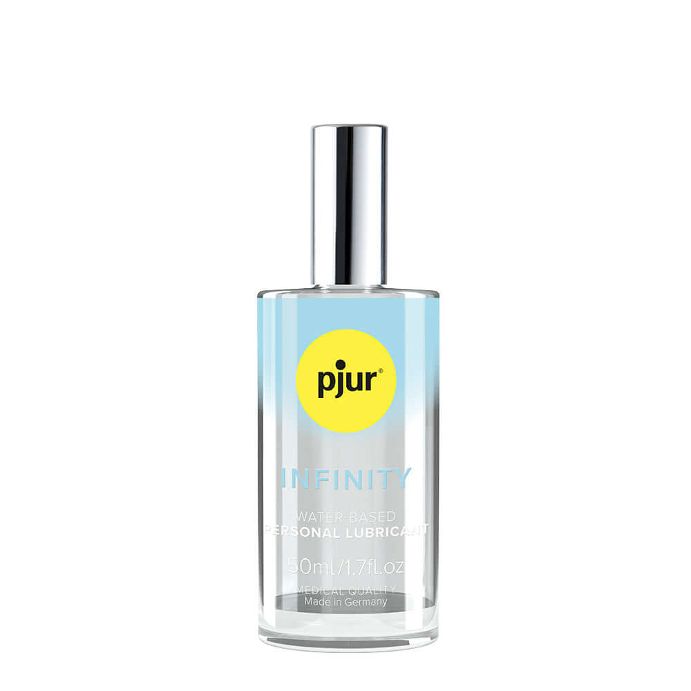 Pjur Infinity Water Based Personal Lubricant 1.7 Oz bottle with yellow label and sleek design.