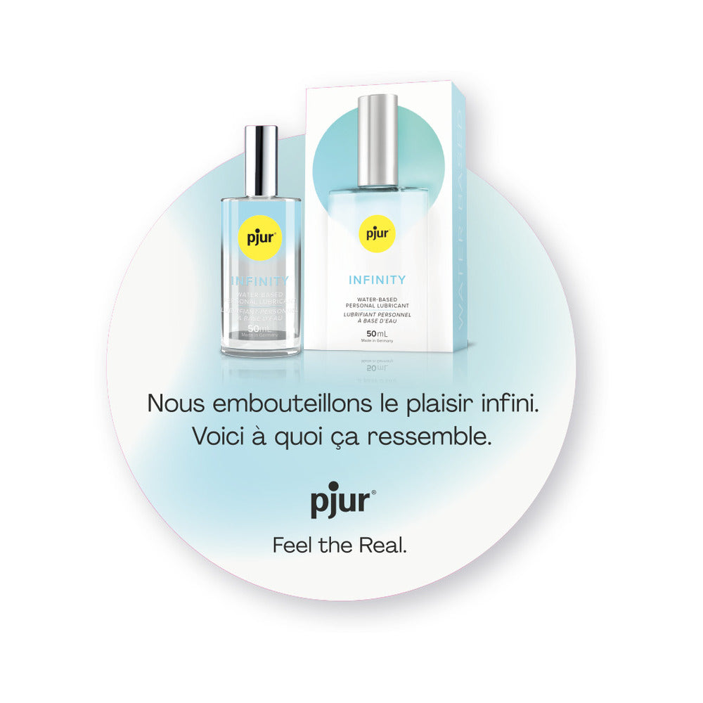 Pjur Infinity Water Based Personal Lubricant 1.7 Oz packaging and product image on a circular background.