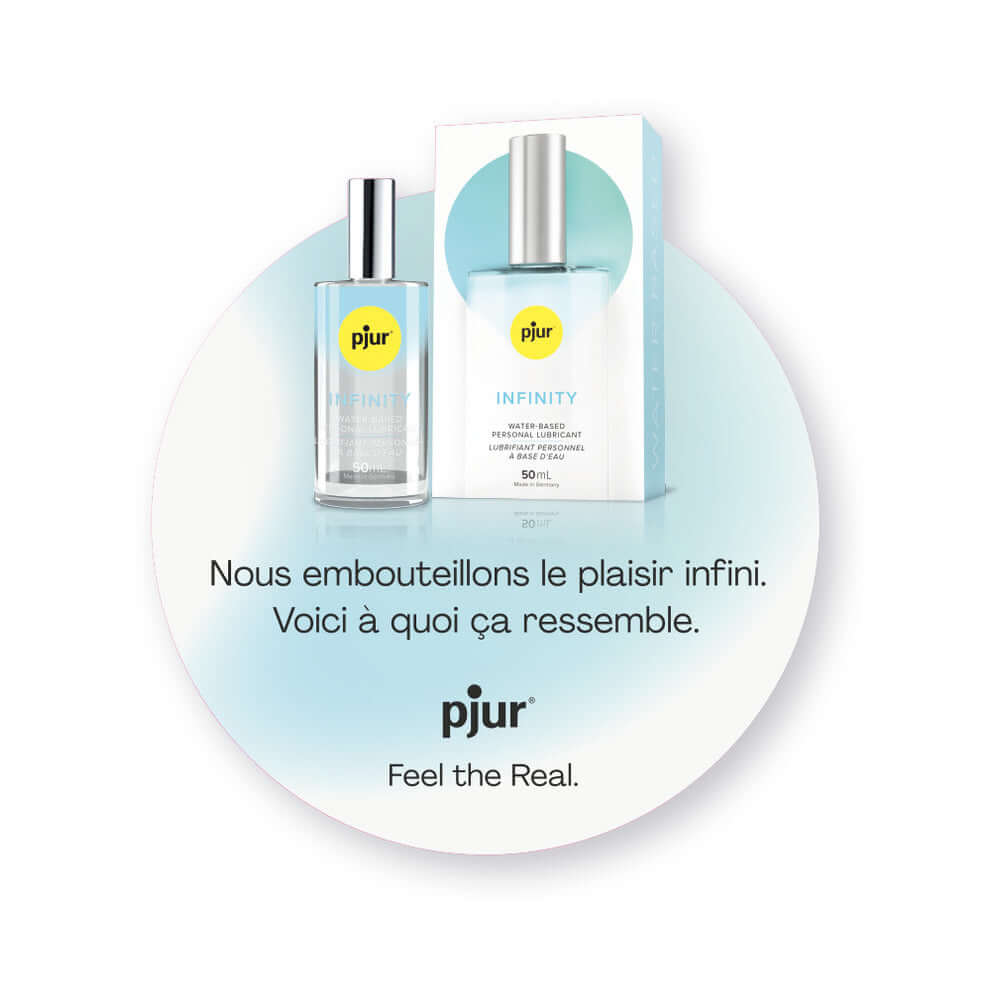 Pjur Infinity Water Based Personal Lubricant 1.7 Oz packaging and product image on a circular background.