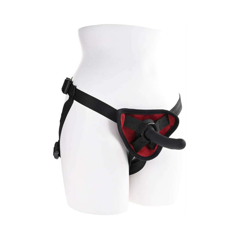 Saffron Silicone Pegging Kit with Strap-On Harness & 5 inches Dildo showing harness and dildo on mannequin.