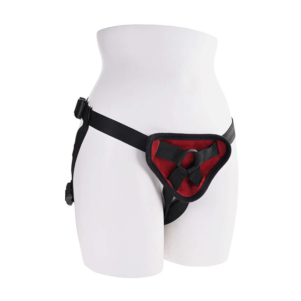Saffron Silicone Pegging Kit with Strap-On Harness & 5 inches Dildo adjustable harness on a mannequin.
