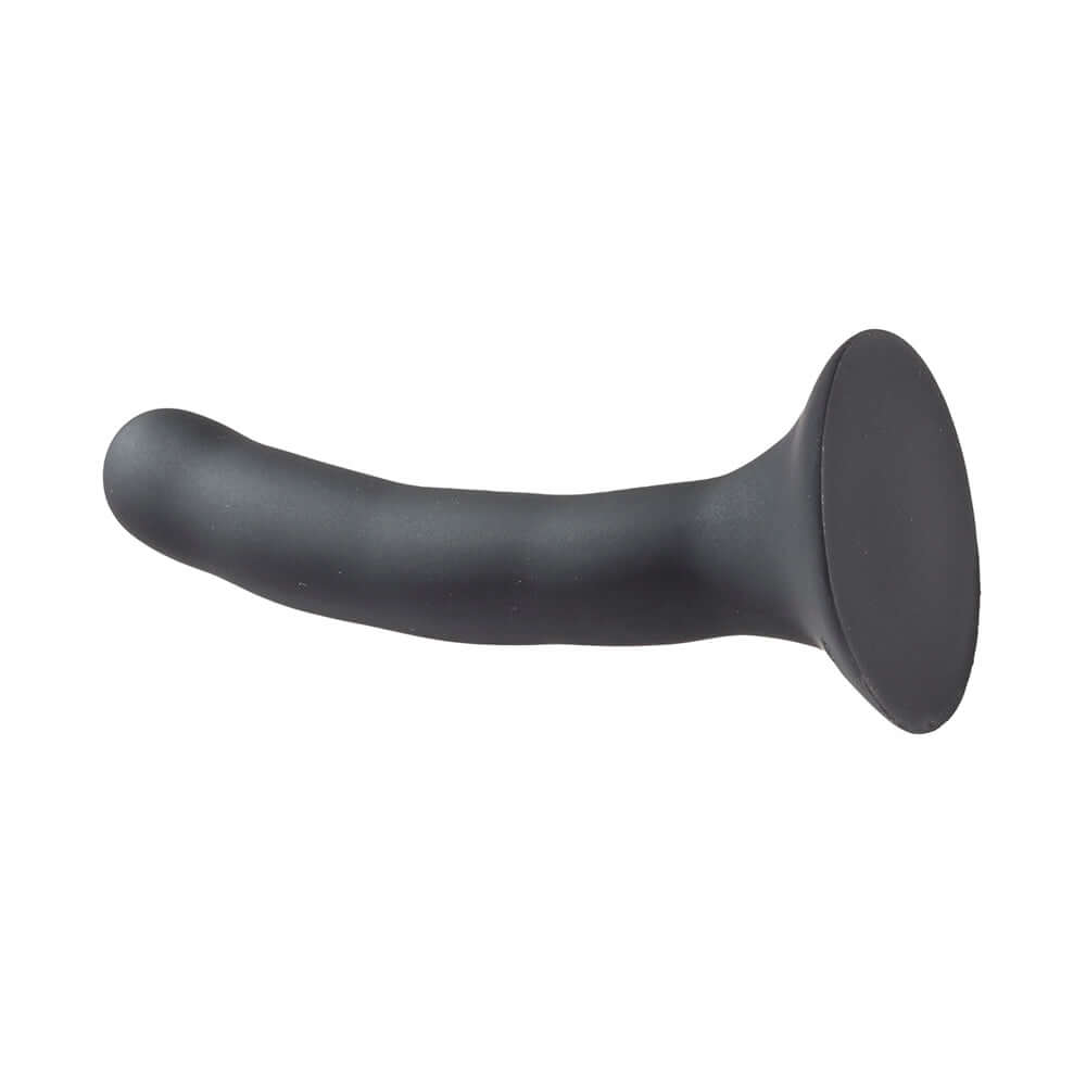 Saffron Silicone Pegging Kit with Strap-On Harness & 5 inches Dildo - side view of black silicone dildo.
