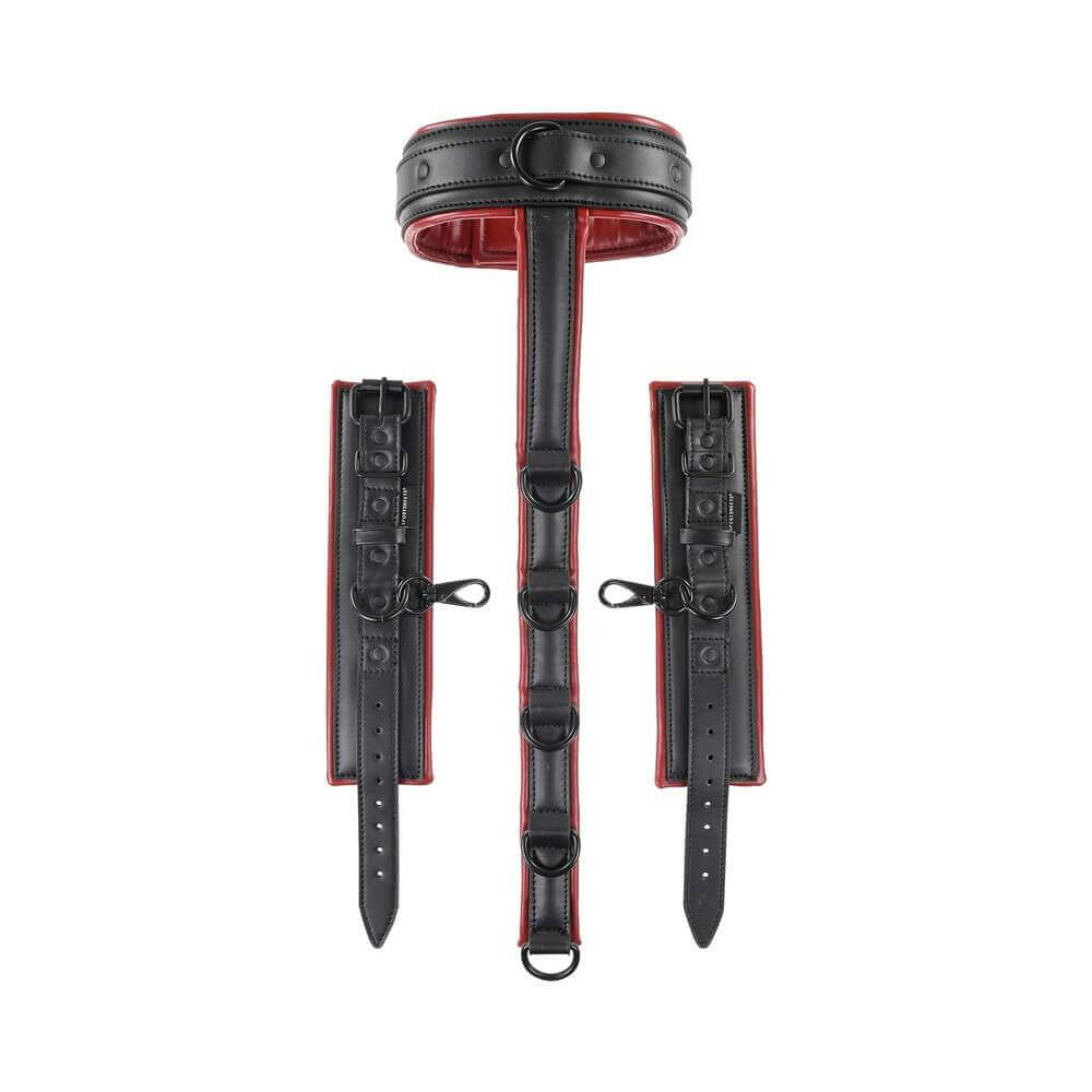 Sportsheets Saffron Adjustable Neck & Wrist Restraints in black and red design for bondage sessions.