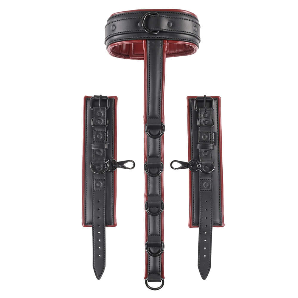 Sportsheets Saffron Adjustable Neck & Wrist Restraints with black and red design for bondage play.