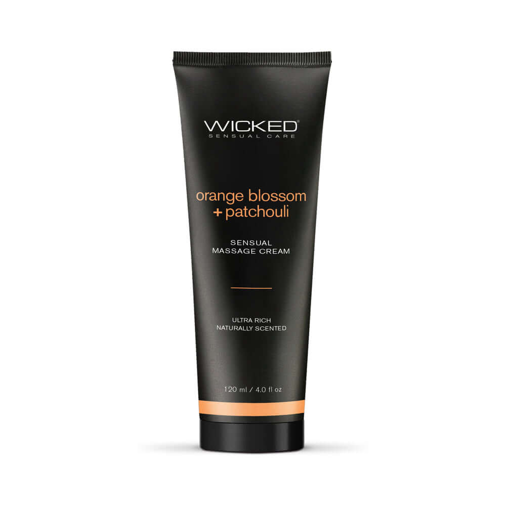 Wicked Orange Blossom Patchouli Sensual Massage Cream 4 Oz tube, ultra-rich, naturally scented for hydrating massage.