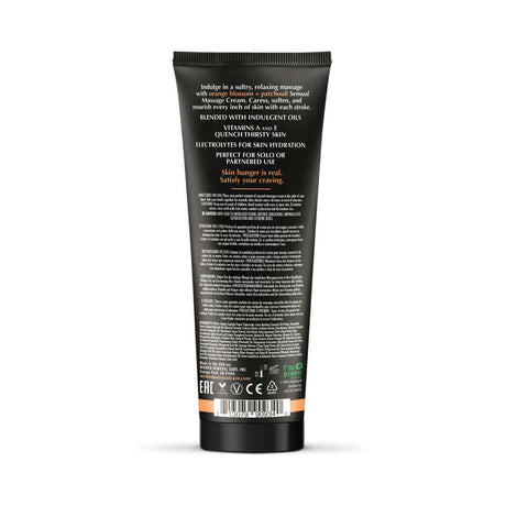 Wicked Orange Blossom Patchouli Sensual Massage Cream 4 Oz back view with product ingredients and benefits.