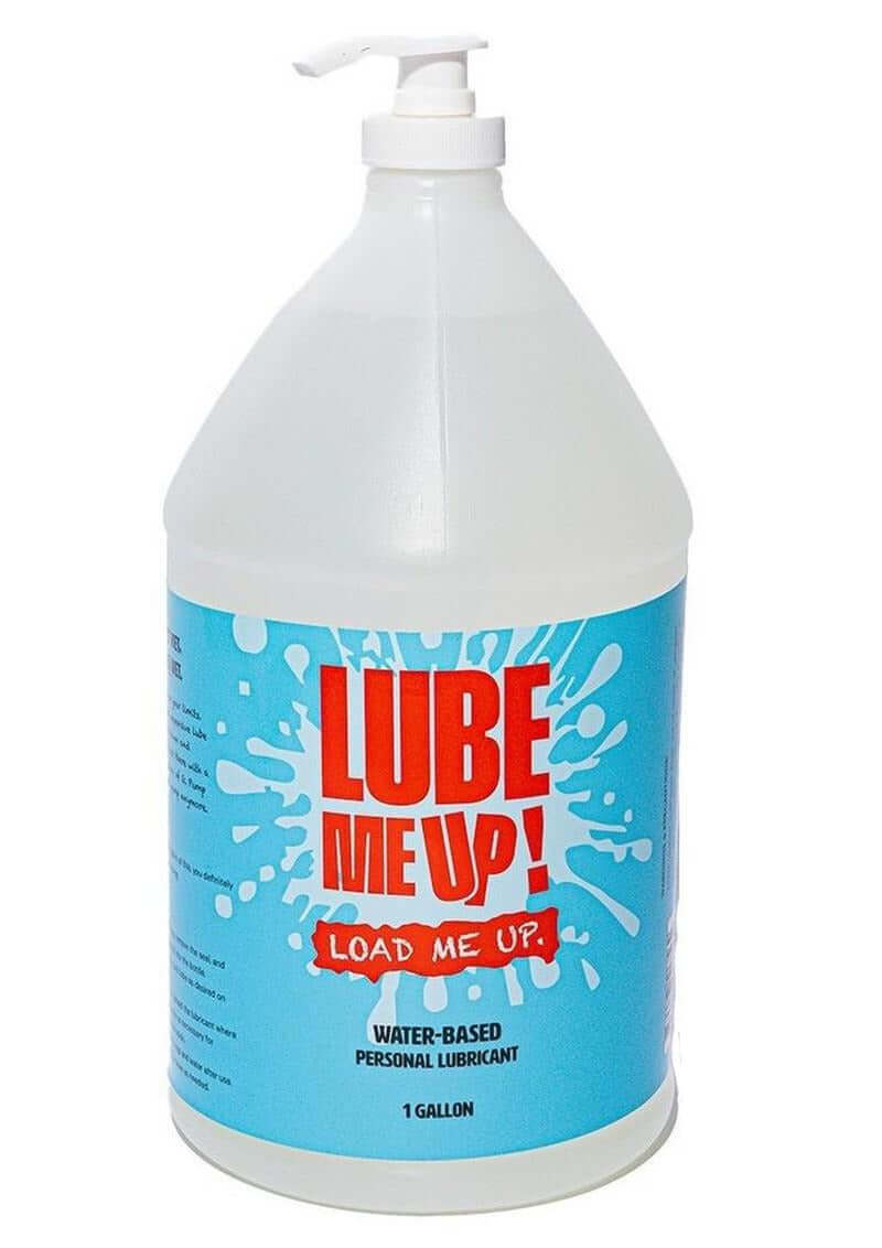 Lube Me Up Water Based Personal Lubricant 1 Gallon bottle with pump dispenser and blue label.